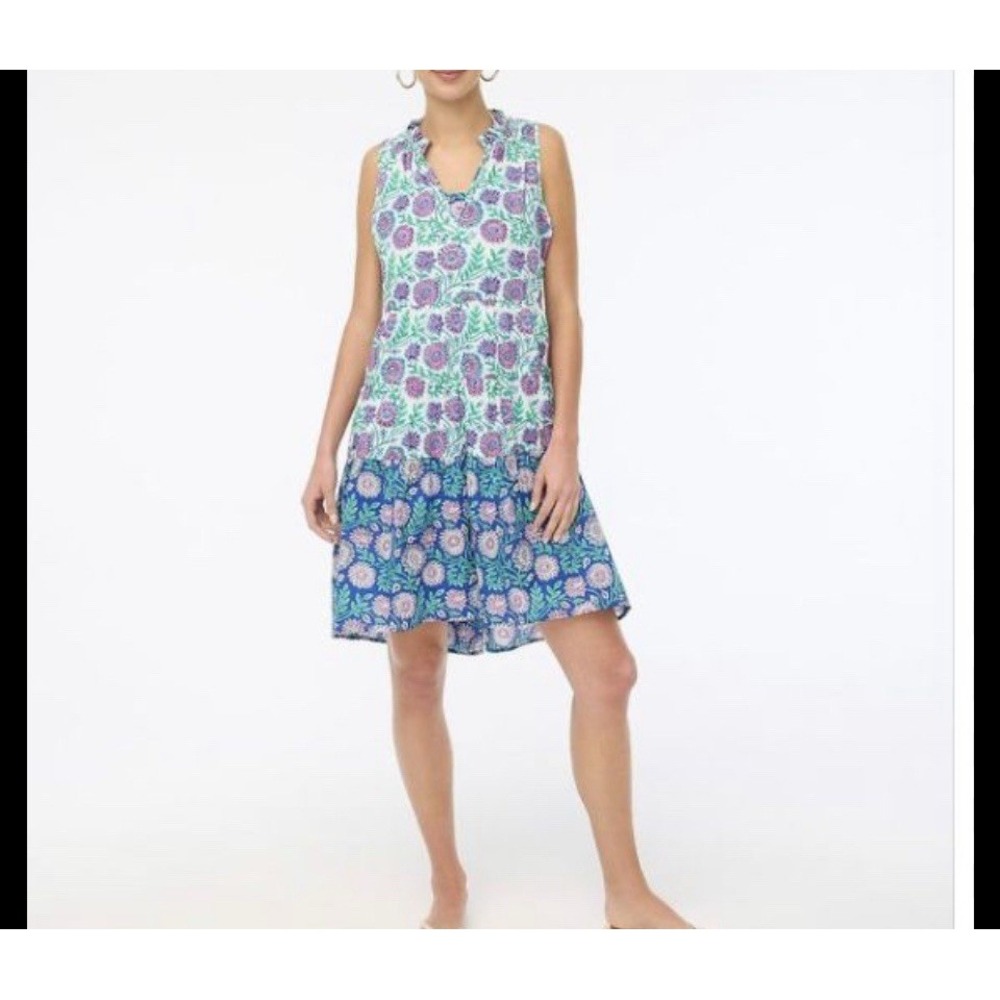 J. Crew Green Blue Tiered Floral Cover-up Dress Sz XXS BM907 Beach Resort Cotton